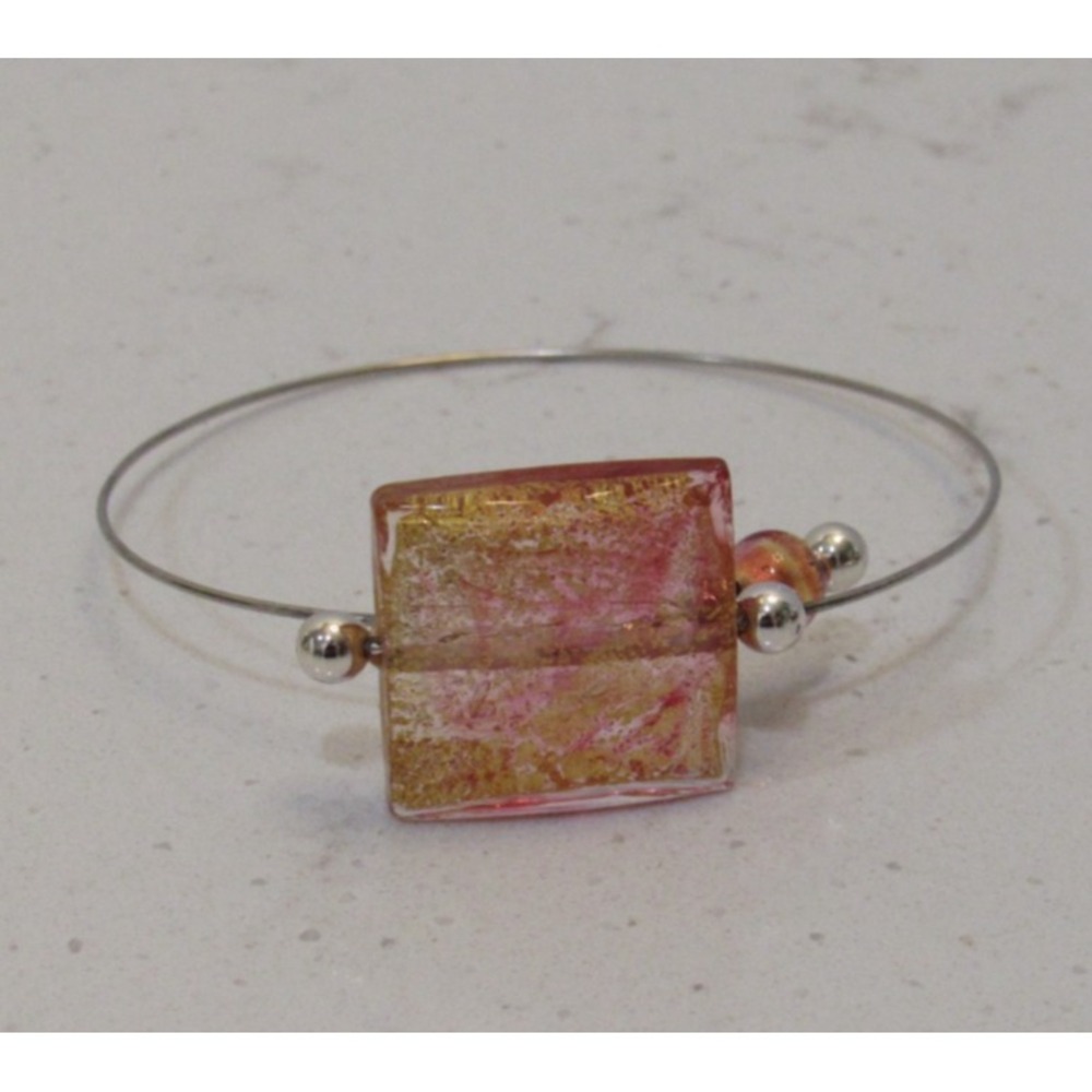 Pink‎ Gold Art Glass Square Bead Wire Bangle Bracelet Murano Style 7 Inch